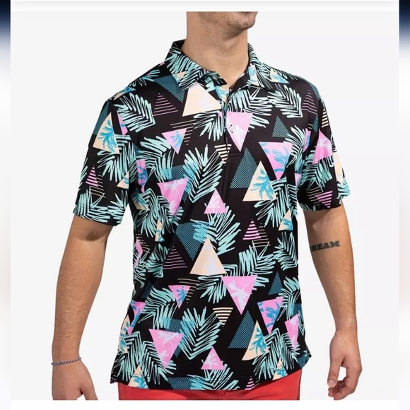 CHRUBBIES The 2 For Tee Performance Polo In Tropical Retro Print. Size Small - Picture 1 of 10